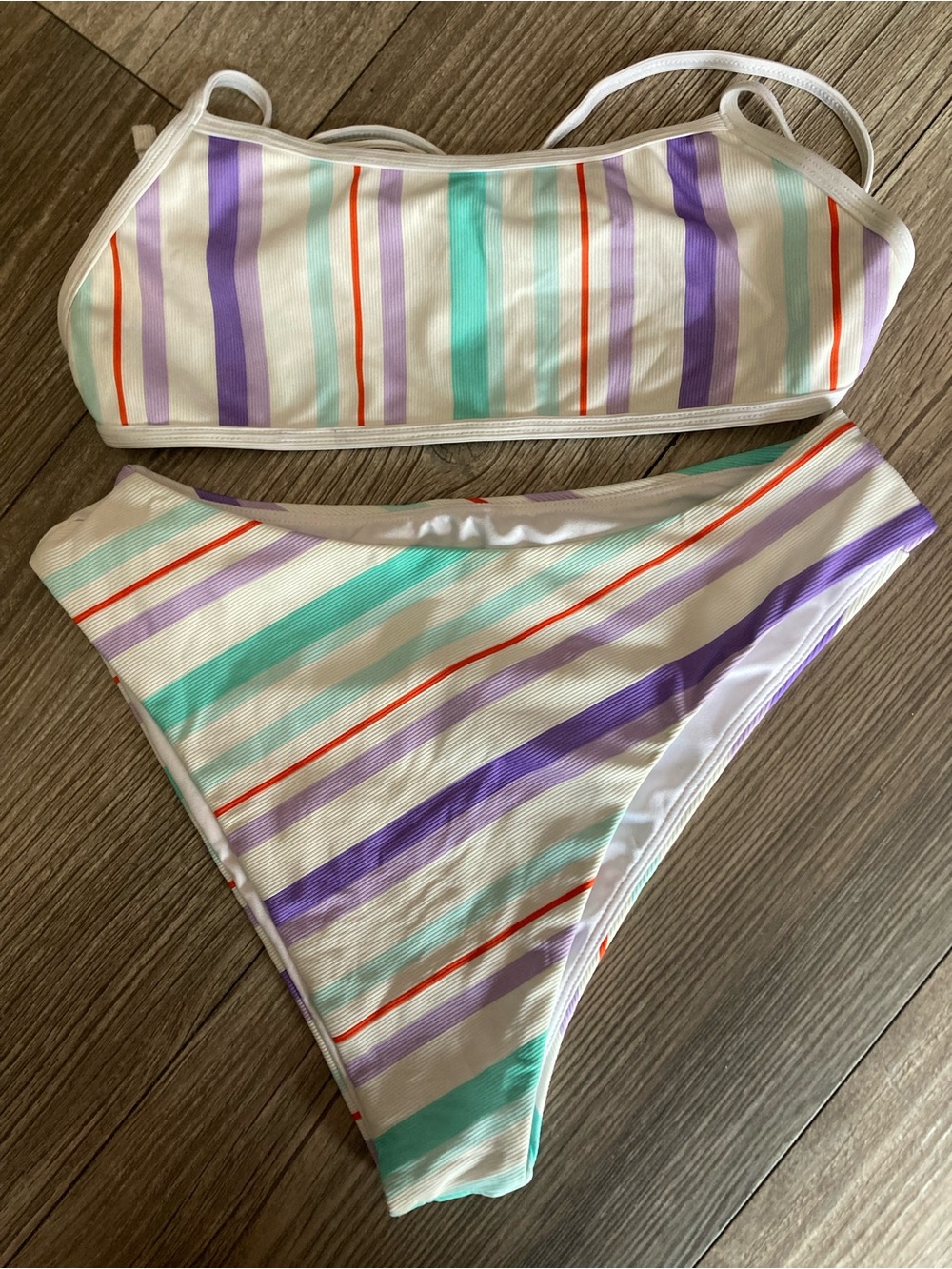 Simons White Bikini with Purple, Teal & Red Stripes